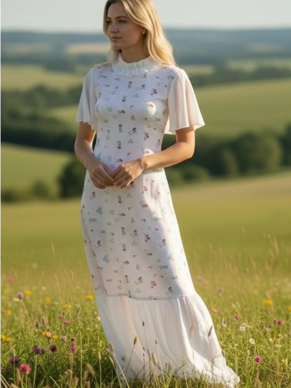Vintage-Style Prairie Maxi Dress Ditsy Floral Flutter Sleeve Ruffle Collar Sz XS
